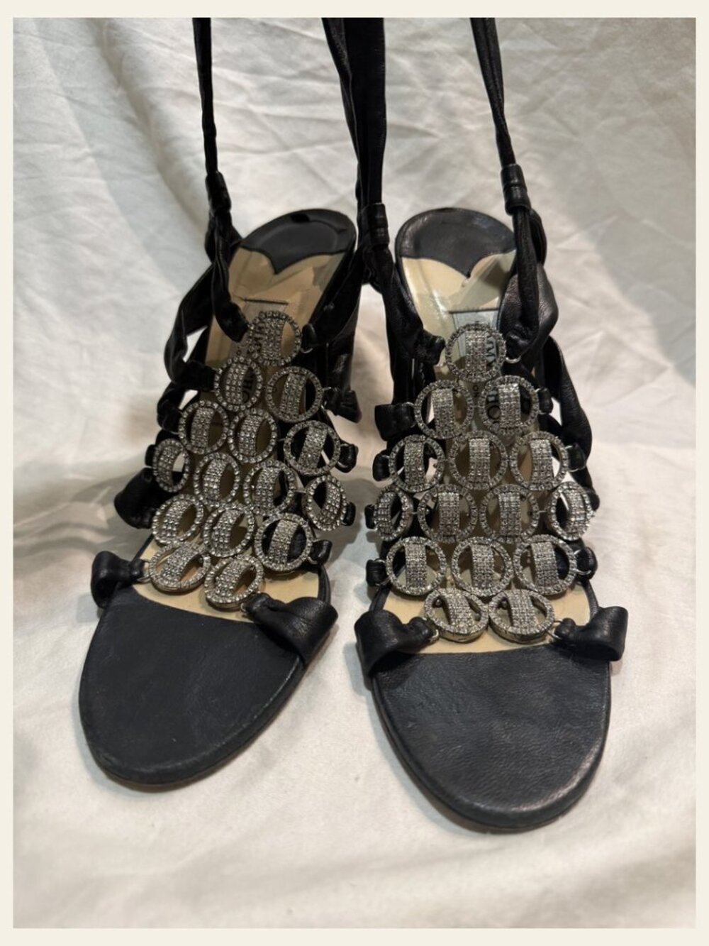 Jimmy Choo Marine Crystal Circle Vamp Ankle Wrap Sandal Black Leather EU 39